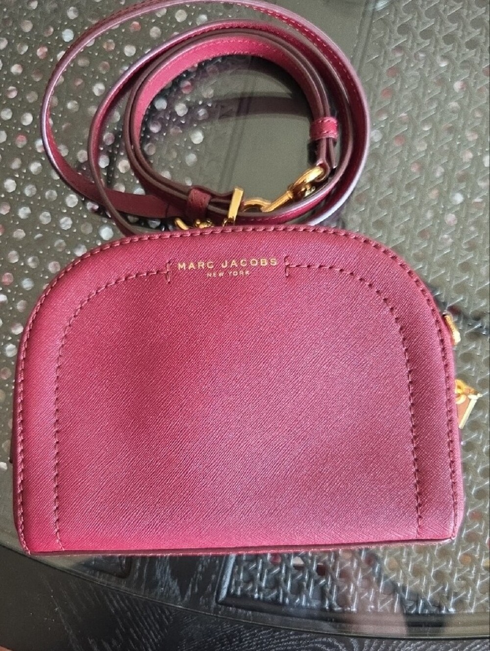 Marc Jacobs Raspberry Saffiano Crossbody with Gold Logo
